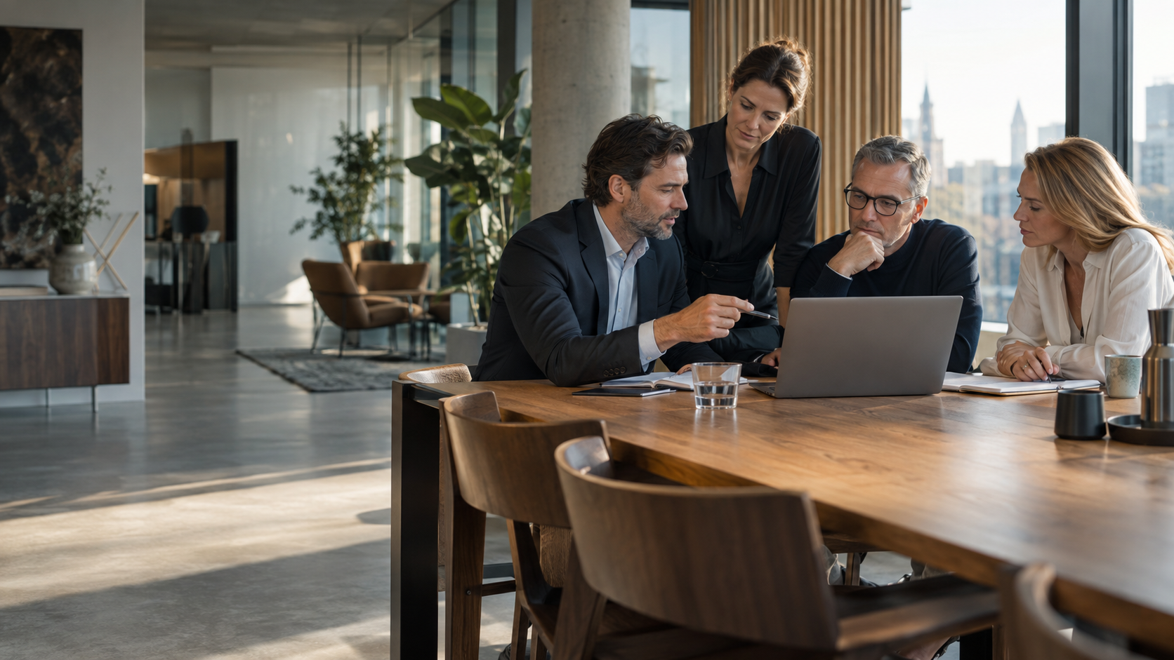 Four experienced professionals discuss a digital strategy together in a bright, modern workplace.