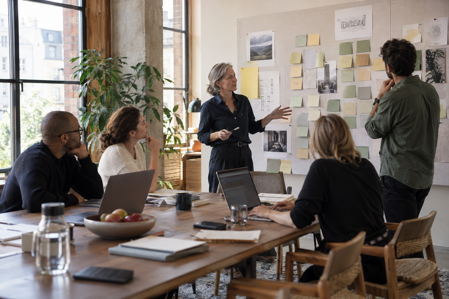 A diverse team develops concrete choices during a strategy session around a worktable.