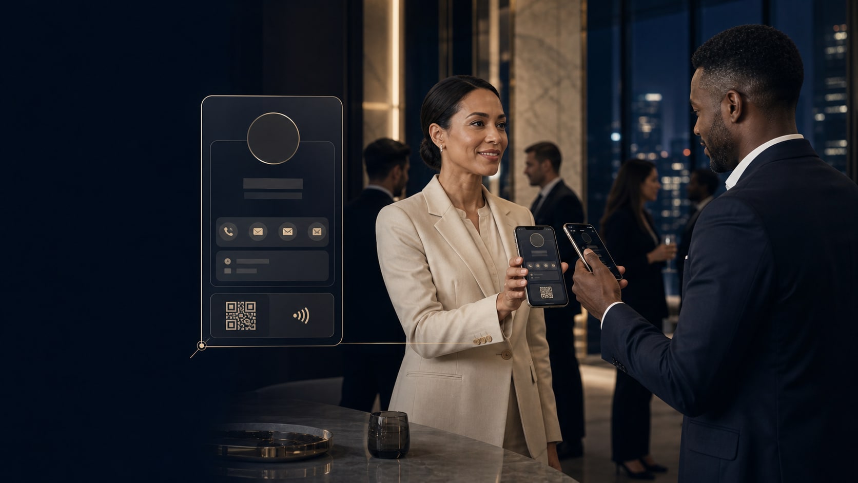 Two professionals share a digital business identity during an in-person conversation.