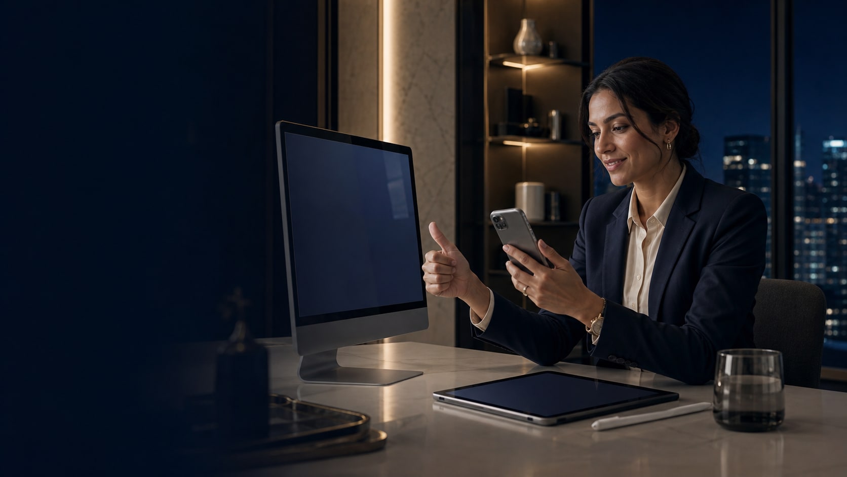 A professional grants consent on their own iPhone and views it beside a Mac and iPad in a premium workspace.