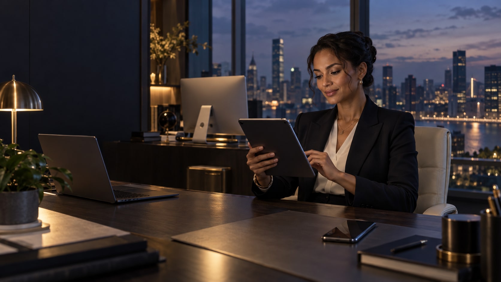 A professional uses an iPad in a premium evening office, with an iPhone nearby and their own Mac and Windows computer visible in the workspace.