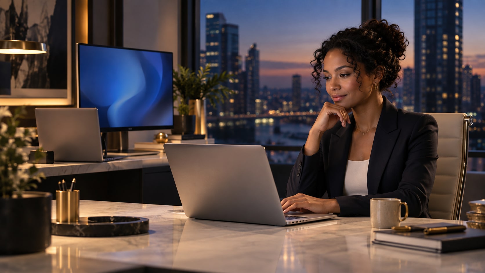 A professional works in a premium evening workspace with a Mac laptop and several owned computers for a secure remote workflow.